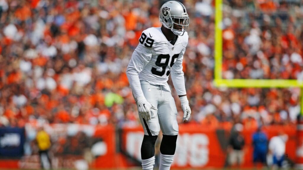 Sep 27, 2015; Cleveland, OH, USA; Oakland Raiders defensive end Aldon Smith (99) during the first quarter at FirstEnergy Stadium.