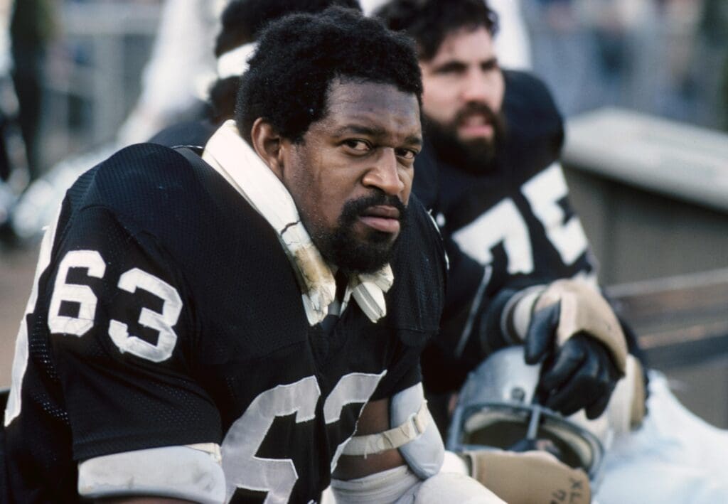 Oakland Raiders guard Gene Upshaw (63) on the bench during the 1976 season at Oakland-Alameda Coliseum.