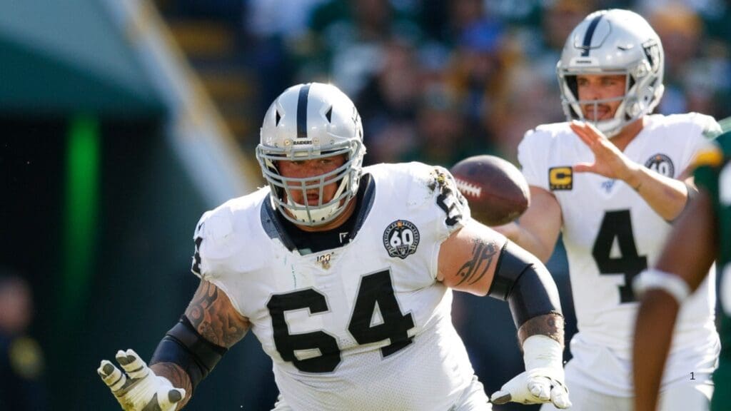 Oct 20, 2019; Green Bay, WI, USA; Oakland Raiders guard Richie Incognito (64) during the game against the Green Bay Packers at Lambeau Field.