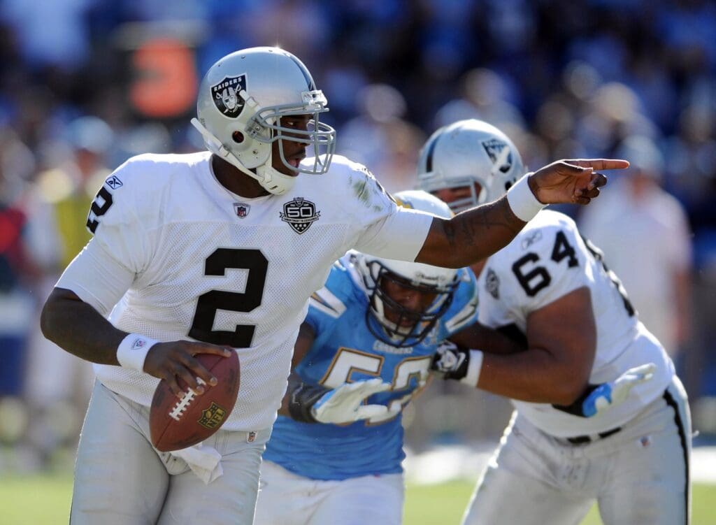 Nov 1, 2009; San Diego, CA, USA; Oakland Raiders quarterback JaMarcus Russell (2) looks for receivers down field during the first half against the San Diego Chargers at Qualcomm Stadium.