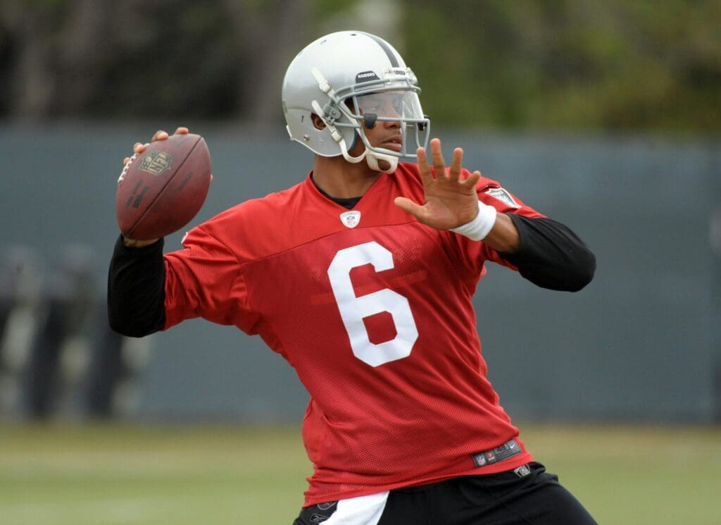 May 15, 2012; Alameda, CA, USA; Oakland Raiders quarterback Terrelle Pryor (6) throws a pass at organized team activities at the Raiders practice facility.