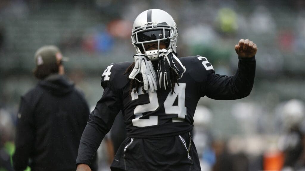 Nov 26, 2017; Oakland, CA, USA; Oakland Raiders running back Marshawn Lynch (24) warms up before the start of the game against the Denver Broncos at Oakland Coliseum.