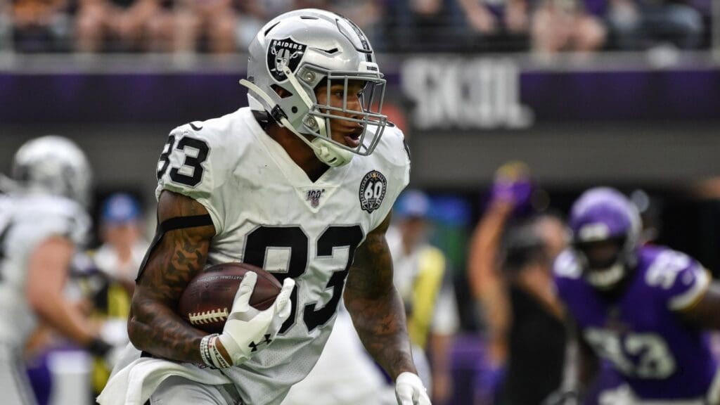 Sep 22, 2019; Minneapolis, MN, USA; Oakland Raiders tight end Darren Waller (83) in action against the Minnesota Vikings at U.S. Bank Stadium.