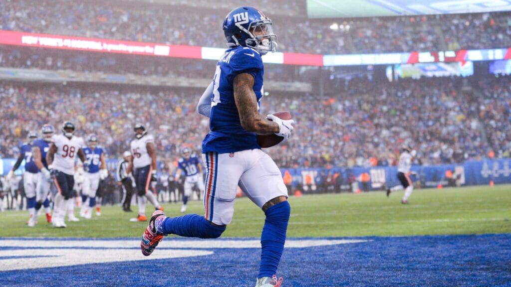Dec 2, 2018; East Rutherford, NJ, USA; New York Giants wide receiver Odell Beckham Jr. (13) scores a touchdown against the Chicago Bears during the third quarter at MetLife Stadium.