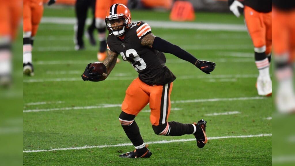 Sep 17, 2020; Cleveland, Ohio, USA; Cleveland Browns wide receiver Odell Beckham Jr. (13) runs with the ball during the first half against the Cincinnati Bengals at FirstEnergy Stadium.