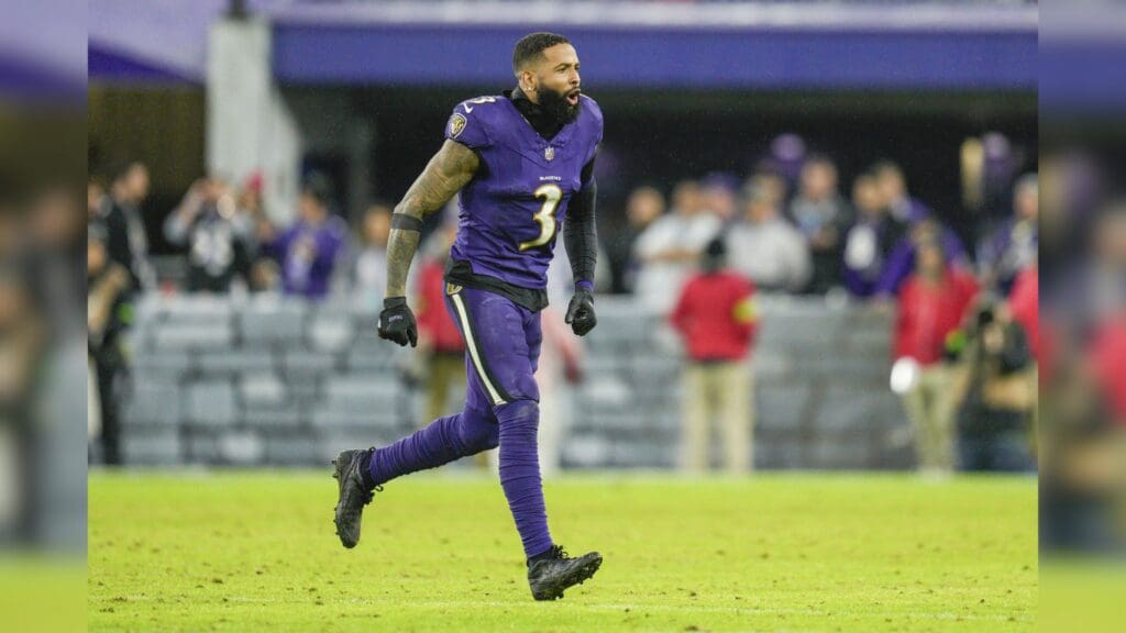 Dec 10, 2023; Baltimore, Maryland, USA; Baltimore Ravens wide receiver Odell Beckham Jr. (3) celebrates after winning the coin toss before overtime against the Los Angeles Rams at M&T Bank Stadium.