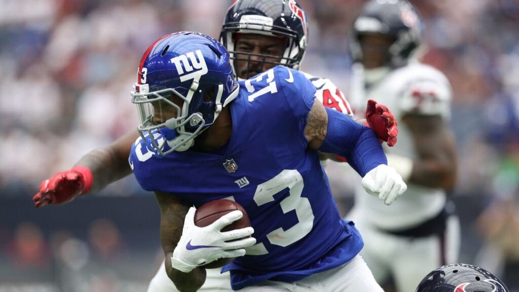 Sep 23, 2018; Houston, TX, USA; New York Giants receiver Odell Beckham Jr. (13) runs after a reception against the Houston Texans at NRG Stadium
