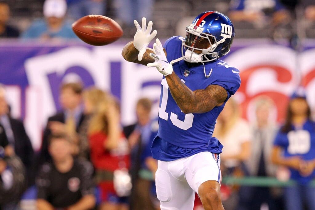 Sep 18, 2017; East Rutherford, NJ, USA; New York Giants wide receiver Odell Beckham Jr. (13) warms up before a game against the Detroit Lions at MetLife Stadium.