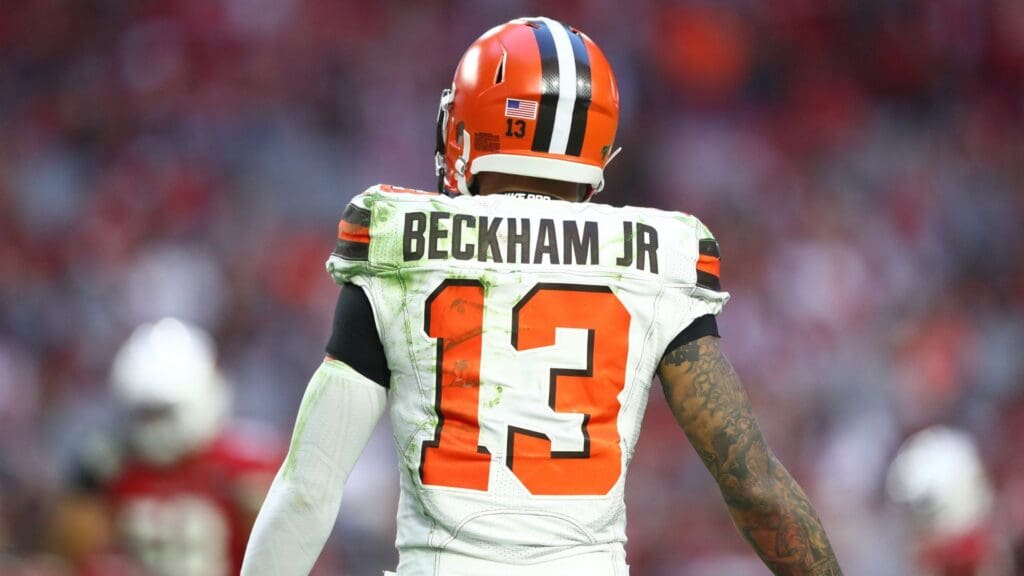 Dec 15, 2019; Glendale, AZ, USA; Detailed view of the jersey of Cleveland Browns wide receiver Odell Beckham Jr. (13) against the Arizona Cardinals at State Farm Stadium.