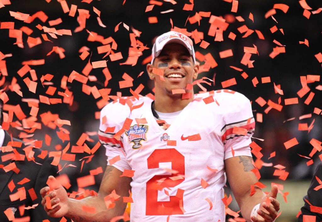 Jan 4, 2011; New Orleans, LA, USA; Ohio State Buckeye quarterback Terrelle Pryor (2) smiles as confetti falls down after a victory against the Arkansas Razorbacks during the 2011 Sugar Bowl at the Louisiana Superdome .