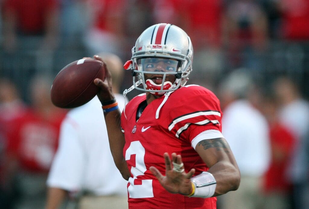 Sep 12, 2009; Columbus, OH, USA; Ohio State Buckeyes quarterback Terrelle Pryor (2) throws pre-game against the Southern California Trojans at Ohio Stadium.