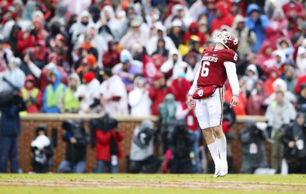 Oklahoma Sooners quarterback Baker Mayfield (6) reacts after throwing a touchdown pass during the second half against the Oklahoma State Cowboys at Gaylord Family - Oklahoma Memorial Stadium