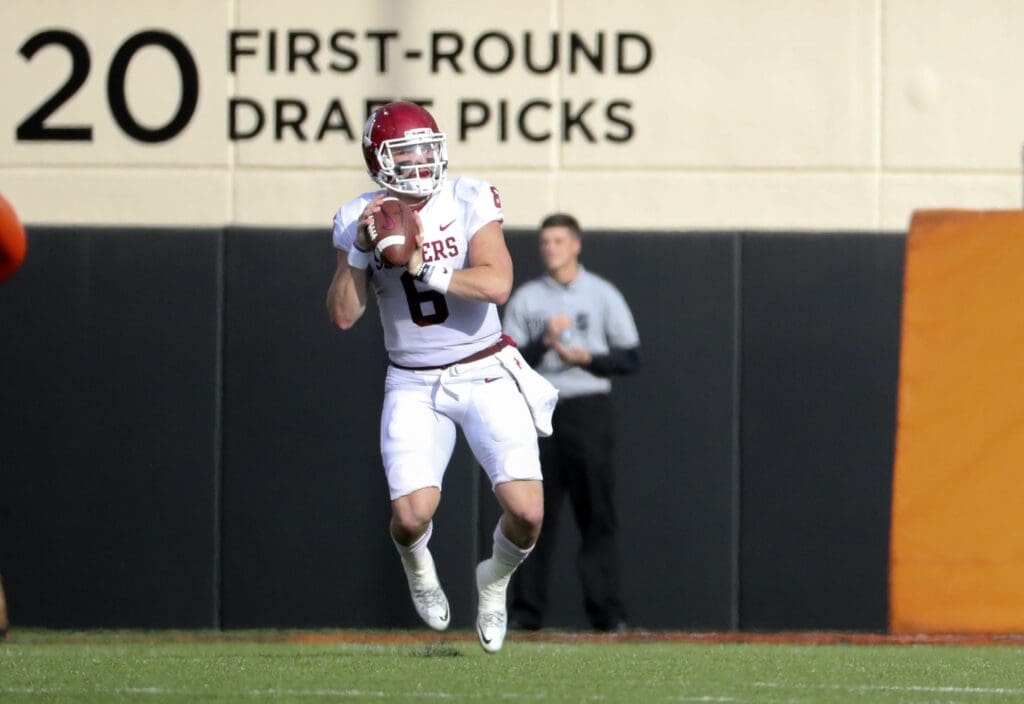 Nov 4, 2017; Stillwater, OK, USA; Oklahoma Sooners quarterback Baker Mayfield (6) throws during the game against the Oklahoma State Cowboys at Boone Pickens Stadium.