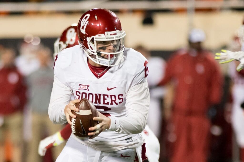 Nov 28, 2015; Stillwater, OK, USA; Oklahoma Sooners quarterback Baker Mayfield (6) looks to pass against the Oklahoma State Cowboys during the second quarter at Boone Pickens Stadium. Oklahoma won 58-23.