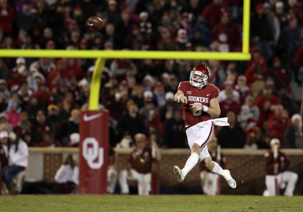 Oct 28, 2017; Norman, OK, USA; Oklahoma Sooners quarterback Baker Mayfield (6) throws during the game against the Texas Tech Red Raiders at Gaylord Family - Oklahoma Memorial Stadium.