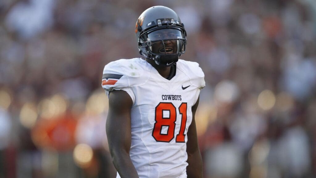 Sept 24, 2010; Houston, TX, USA; Oklahoma State Cowboys wide receiver Justin Blackmon (81) against the Texas A&M Aggies in the fourth quarter at Kyle Field. Oklahoma State defeated Texas A&M 30-29.