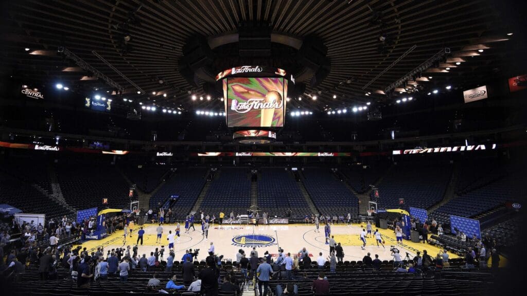 Jun 3, 2015; Oakland, CA, USA; An overall view of the arena during the Golden State Warriors practice prior to the NBA Finals at Oracle Arena.