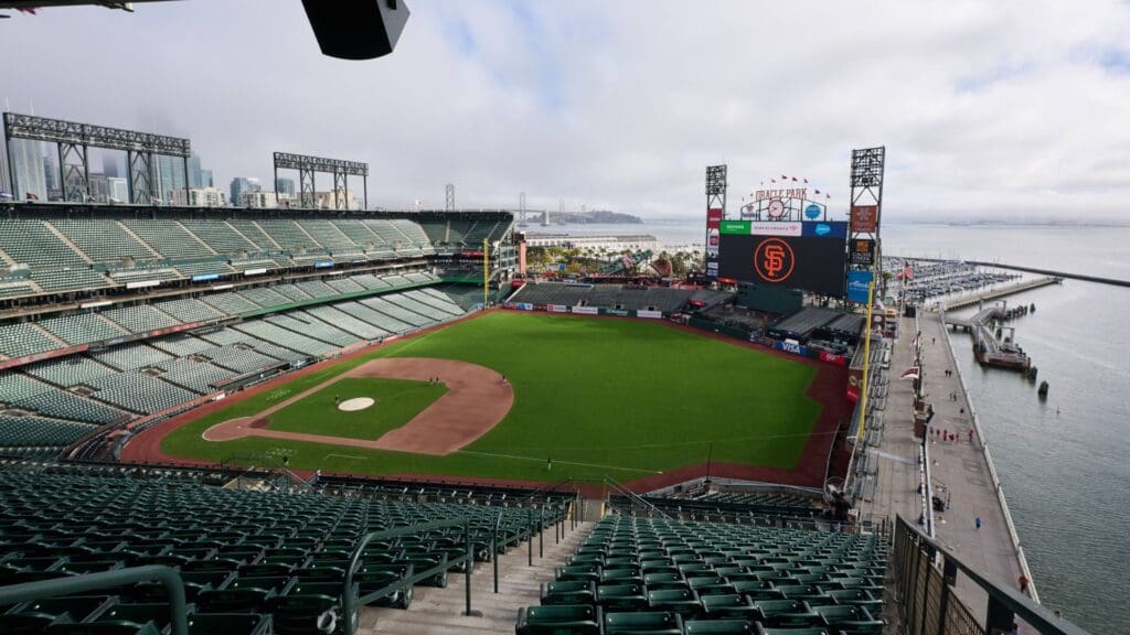 Sep 28, 2024; San Francisco, California, USA; A general view of Oracle Park and McCovey Cove from section 302 before the game between the St. Louis Cardinals and the San Francisco Giants