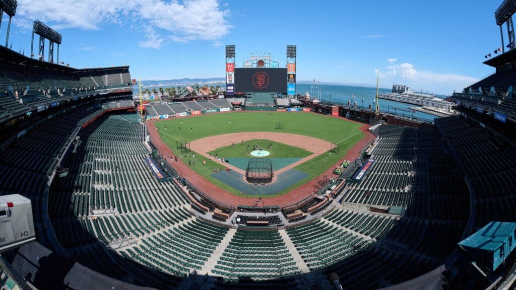 Aug 14, 2023; San Francisco, California, USA; A general view of Oracle Park before the game between the San Francisco Giants and the Tampa Bay Rays at Oracle Park
