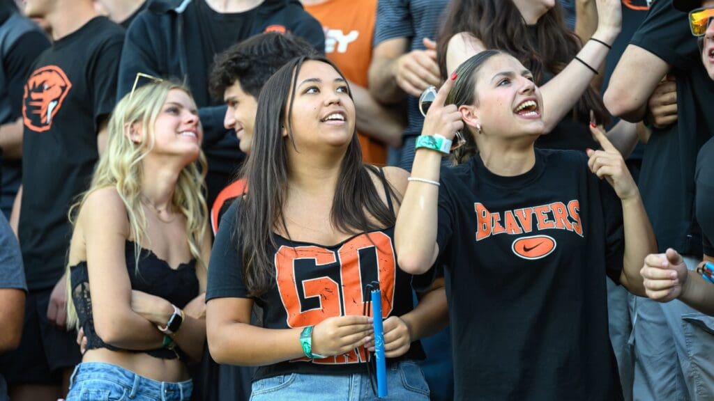 Oregon State Beavers fans celebrate in a time out during the first half against the Colorado State Rams at Reser Stadium.