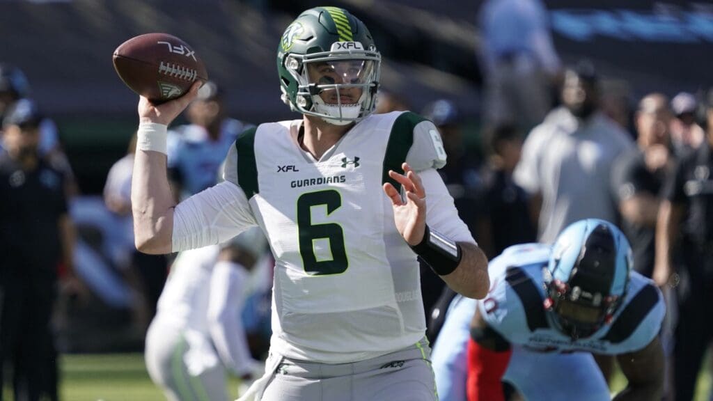 Mar 5, 2023; Arlington, TX, USA; Orlando Guardians quarterback Paxton Lynch (6) throws a pass during the first half against the Arlington Renegades at Choctaw Stadium.