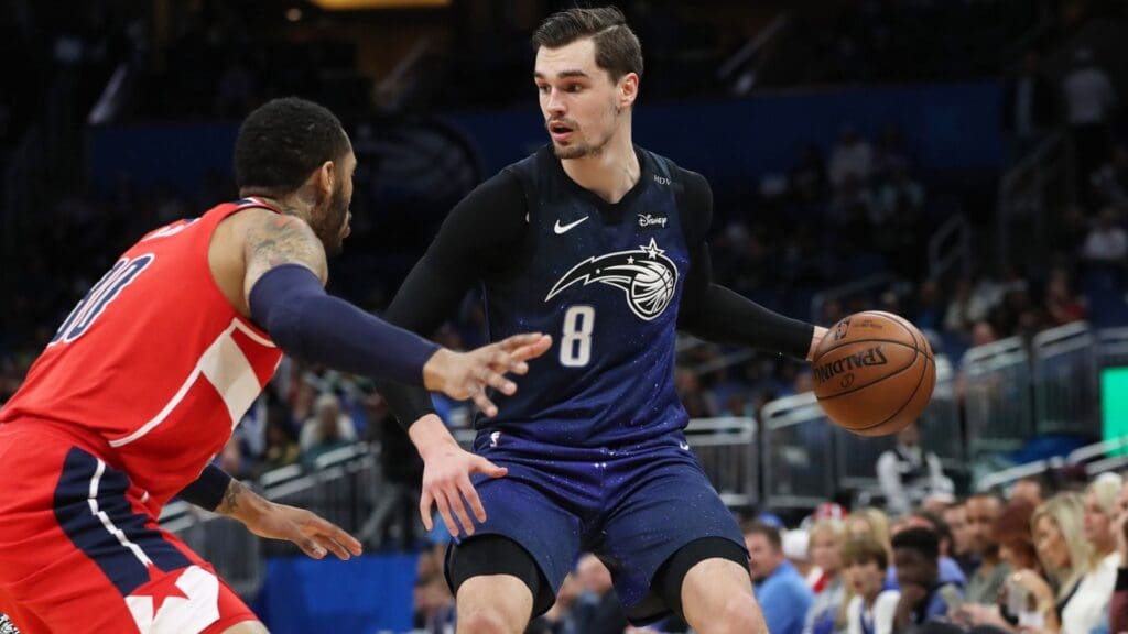 Apr 11, 2018; Orlando, FL, USA; Orlando Magic forward Mario Hezonja (8) drives to the basket against the Washington Wizards during the second half at Amway Center.