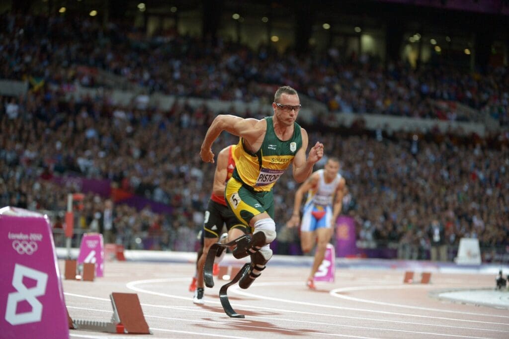 Aug 5, 2012; London, United Kingdom; Oscar Pistorius (RSA) competes in the men's 400m semifinals during the 2012 London Olympic Games at Olympic Stadium.