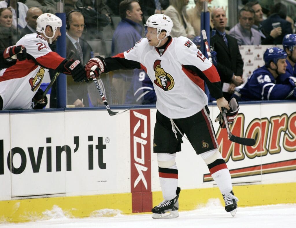 April 3, 2008; Toronto, ON, Canada; Ottawa Senators forward (15) Dany Heatley celebrates a first period goal against the Toronto Maple Leafs at the Air Canada Centre.