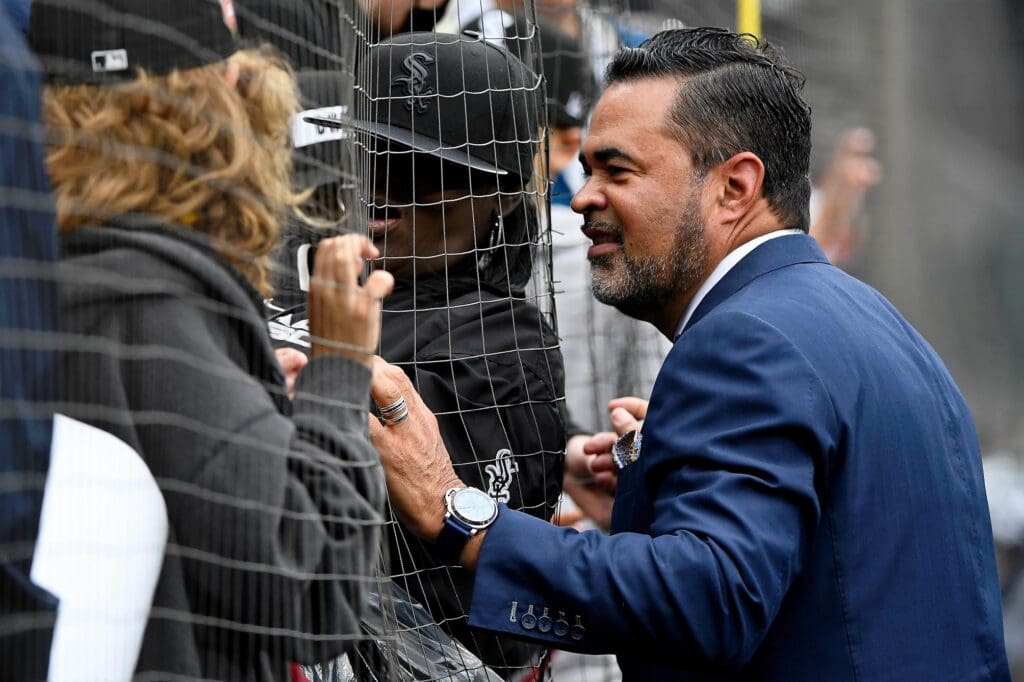 Oct 12, 2021; Chicago, Illinois, USA; Former Chicago White Sox player and manager Ozzie Guillen talks to fans before game four of the 2021 ALDS between the Chicago White Sox and the Houston Astros at Guaranteed Rate Field.