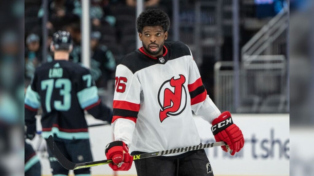 Apr 16, 2022; Seattle, Washington, USA; New Jersey Devils defenseman P.K. Subban (76) is pictured before game against the Seattle Kraken at Climate Pledge Arena.