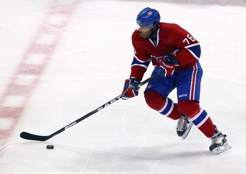 Feb 06, 2011; Montreal, QC, CANADA; Montreal Canadiens defenseman P.K. Subban skates with the puck against New Jersey Devils during the first period at the Bell Center.