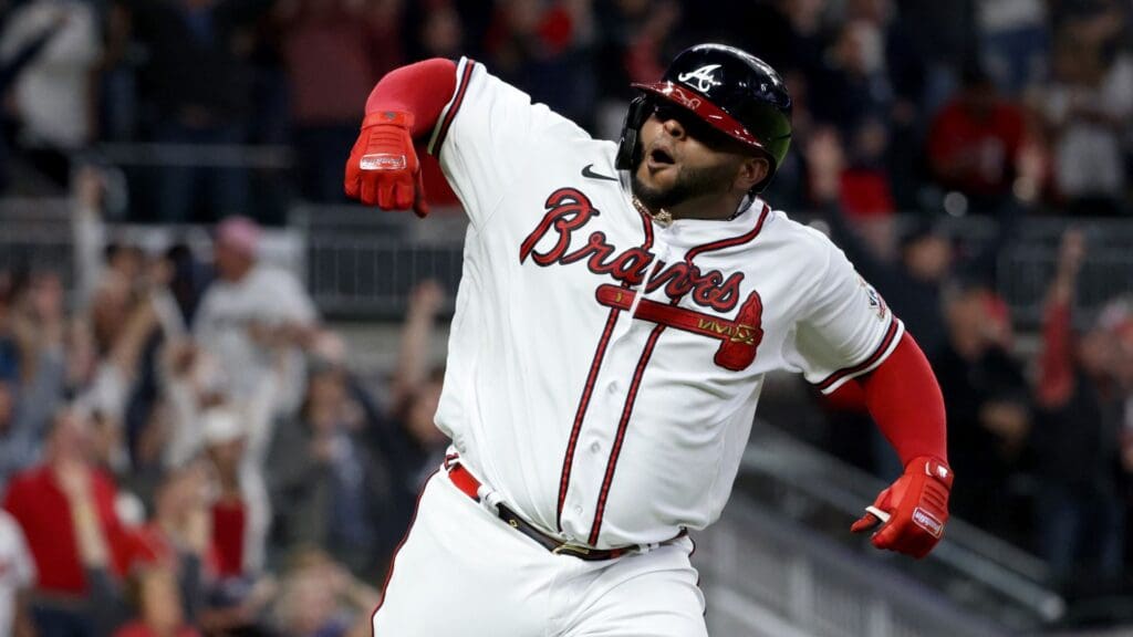 May 8, 2021; Atlanta, Georgia, USA; Atlanta Braves third baseman Pablo Sandoval (48) reacts after hitting a two run home run during the ninth inning against the Philadelphia Phillies at Truist Park.