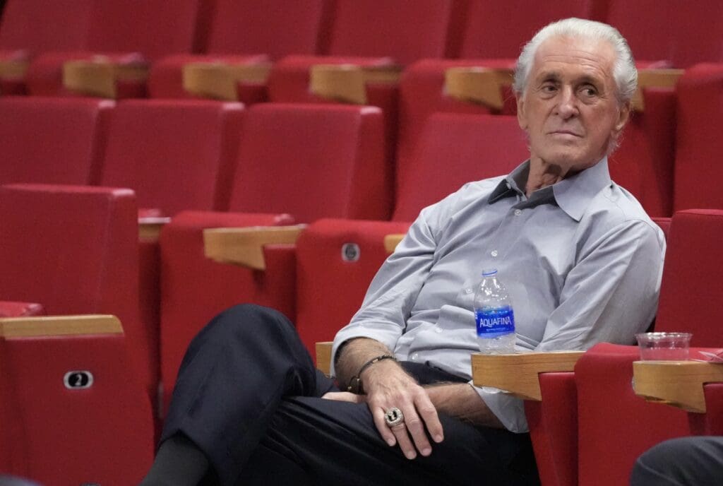 Dec 6, 2021; Miami, Florida, USA; Miami Heat president Pat Riley sits in the arena prior to the game between the Miami Heat and the Memphis Grizzlies at FTX Arena
