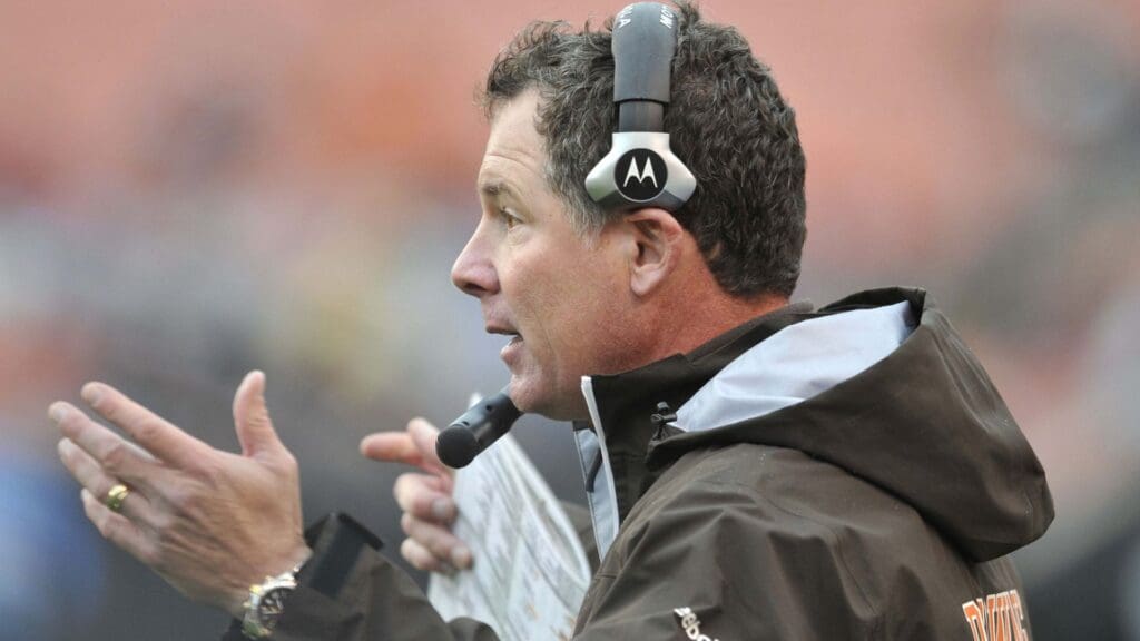 Oct 2, 2011; Cleveland, OH, USA; Cleveland Browns head coach Pat Shurmur on the sidelines during a 31-13 loss to the Tennessee Titans at Cleveland Browns Stadium.