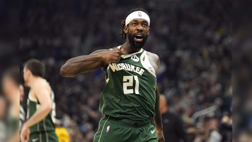 Apr 30, 2024; Milwaukee, Wisconsin, USA; Milwaukee Bucks guard Patrick Beverley (21) gestures towards the crowd following a play during the second quarter against the Indiana Pacers during game five of the first round for the 2024 NBA playoffs at Fiserv Forum.