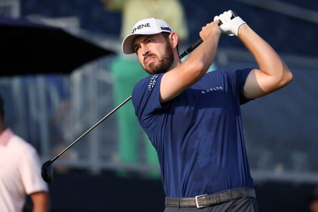 Jun 12, 2025; Oakmont, Pennsylvania, USA; Patrick Cantlay plays his shot from the tenth tee during the first round of the U.S. Open golf tournament.