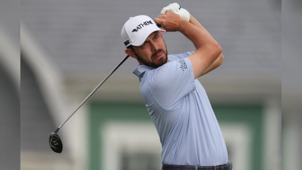 Patrick Cantlay plays his shot from the tenth tee during a practice round for the U.S. Open golf tournament at Oakmont Country Club.