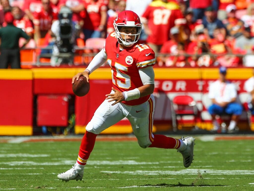 Sep 23, 2018; Kansas City, MO, USA; Kansas City Chiefs quarterback Patrick Mahomes (15) against the San Francisco 49ers in the first half at Arrowhead Stadium.
