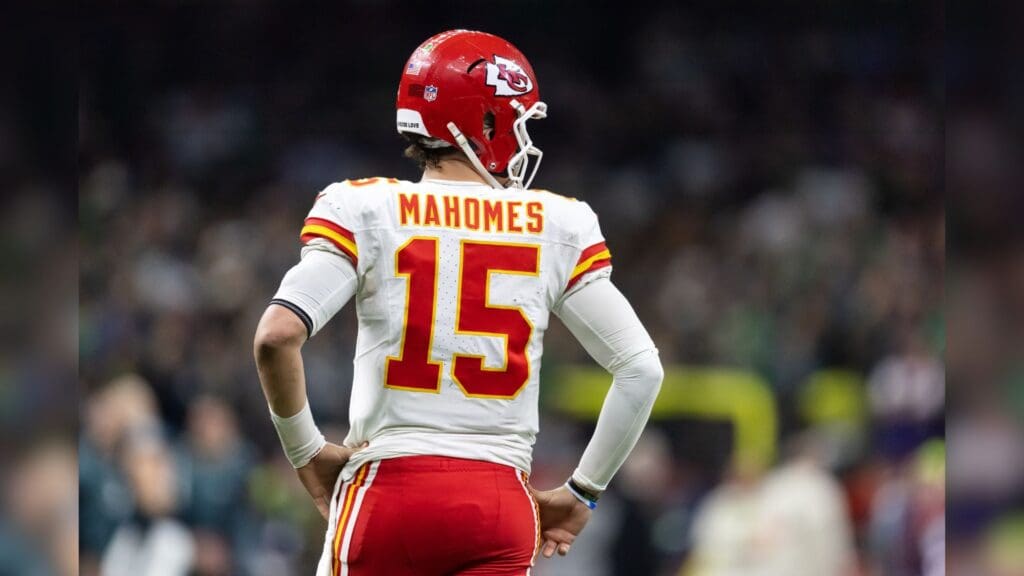 Feb 9, 2025; New Orleans, LA, USA; Detailed view of the jersey of Kansas City Chiefs quarterback Patrick Mahomes (15) against the Philadelphia Eagles in Super Bowl LIX at Ceasars Superdome.