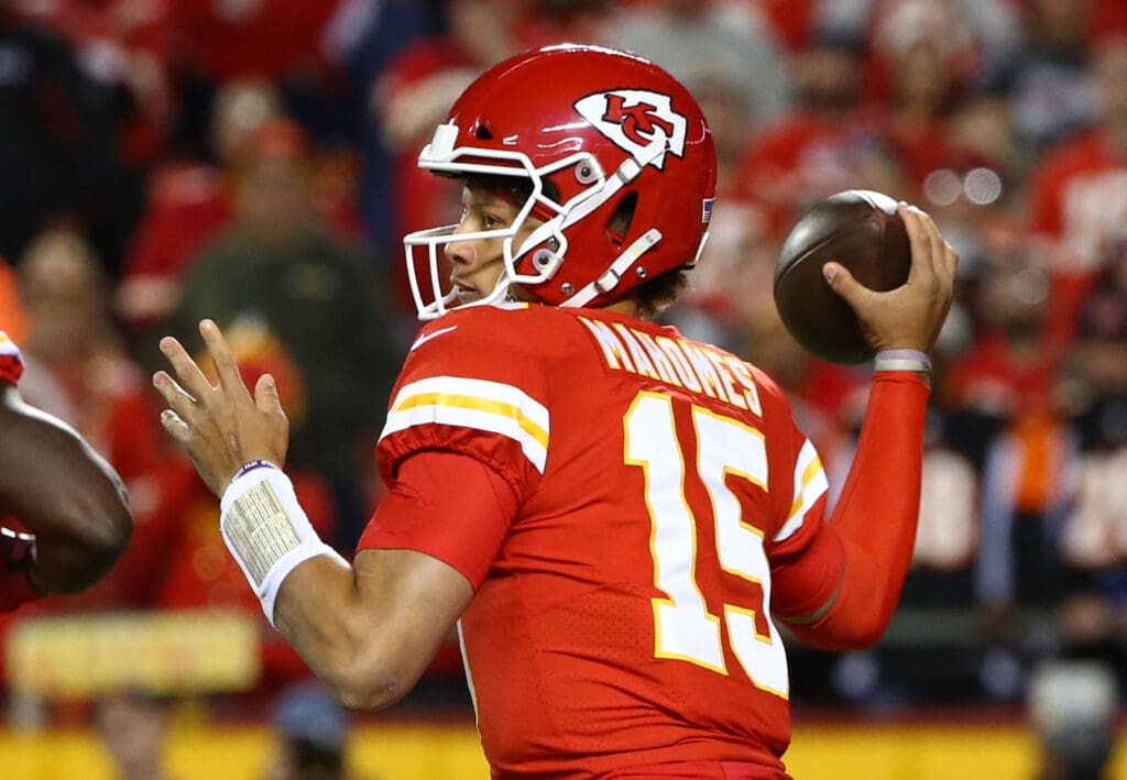 Oct 21, 2018; Kansas City, MO, USA; Kansas City Chiefs quarterback Patrick Mahomes (15) throws a pass against the Cincinnati Bengals in the first half at Arrowhead Stadium.
