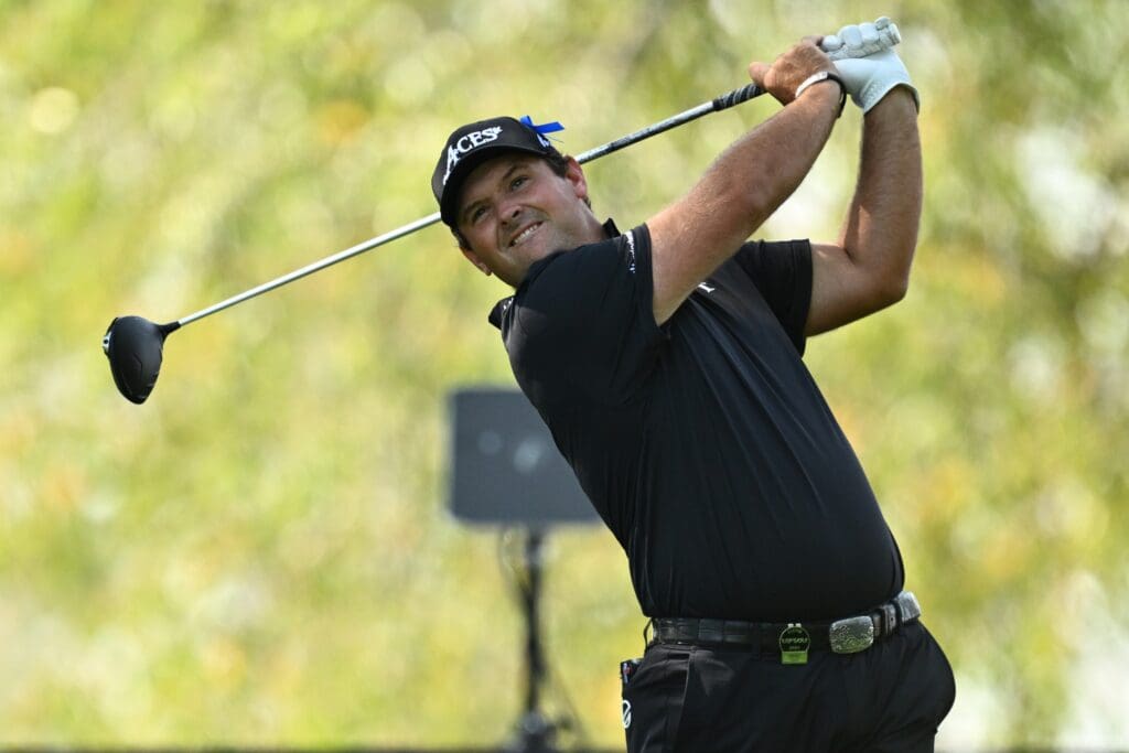 Sep 23, 2023; Sugar Grove, Illinois, USA; Patrick Reed tees off from the third tee during the second round of the LIV Golf Chicago golf tournament at Rich Harvest Farms