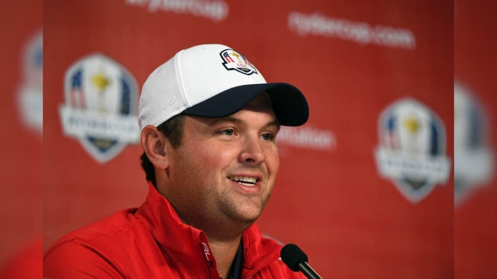 Sep 29, 2016; Chaska, MN, USA; Patrick Reed of the United States during a press conference during a practice round for the 41st Ryder Cup at Hazeltine National Golf Club.