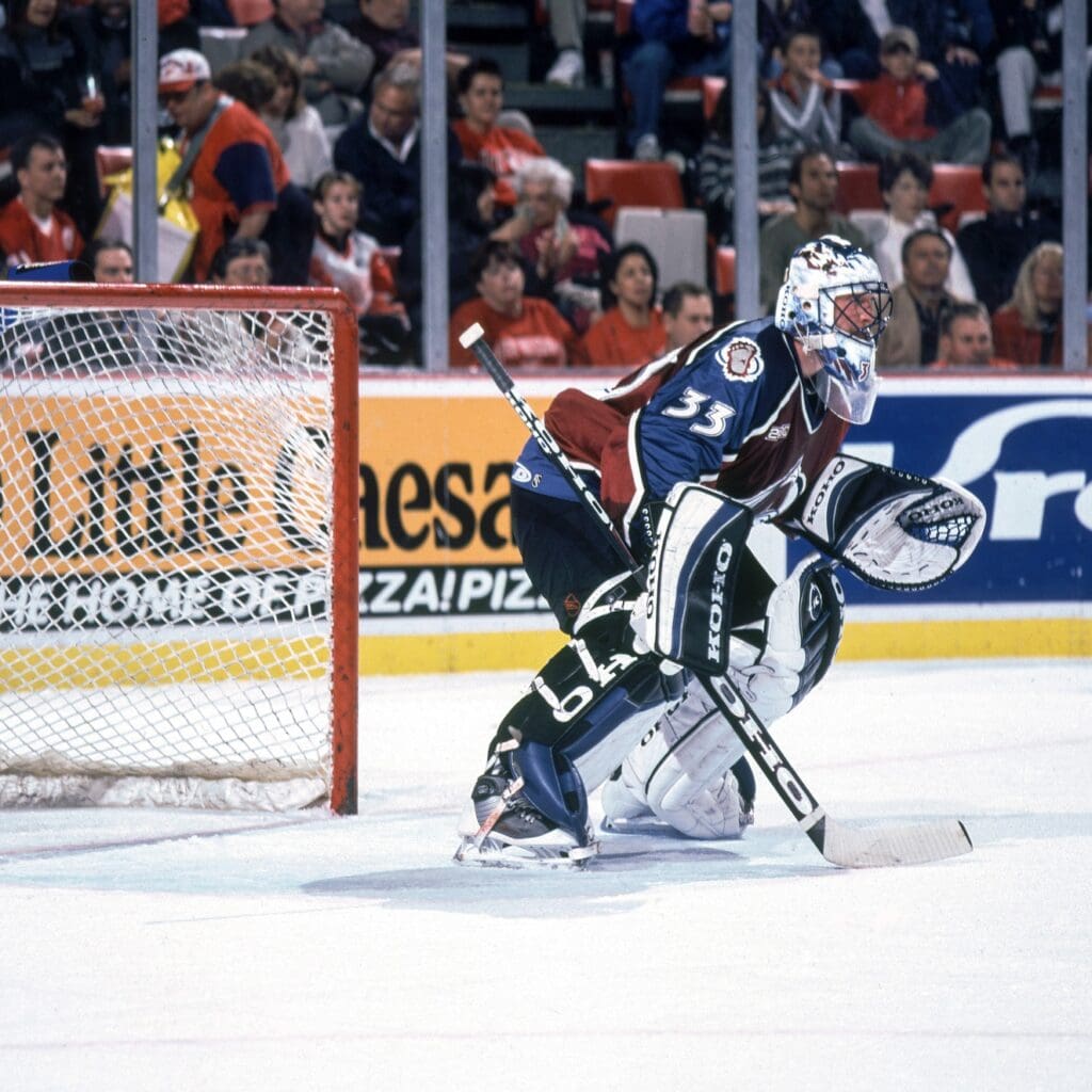 Unknown date 1999; Detroit, MI, USA; FILE PHOTO; Colorado Avalanche goalie Patrick Roy (33) in action against the Detroit Red Wings at Joe Louis Arena.