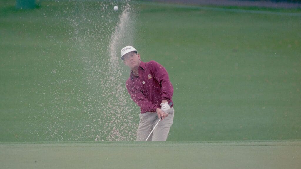 04/05/1989; Augusta, Georgia USA; Payne Stewart chips the ball out of a bunker toward the green at the Augusta National Golf Course during the 1989 Masters.