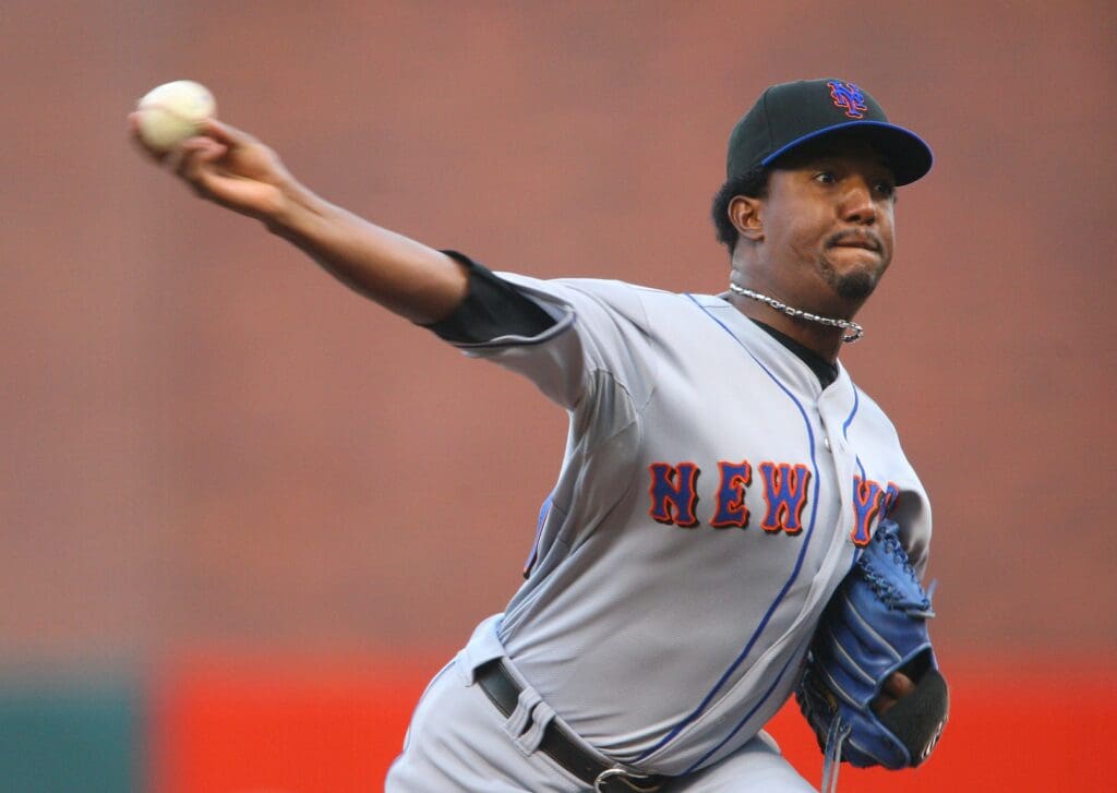 Jun. 3, 2008; San Francisco, CA, USA; New York Mets pitcher Pedro Martinez (45) pitches against the San Francisco Giants during the first inning at AT&T Park in San Francisco, CA.