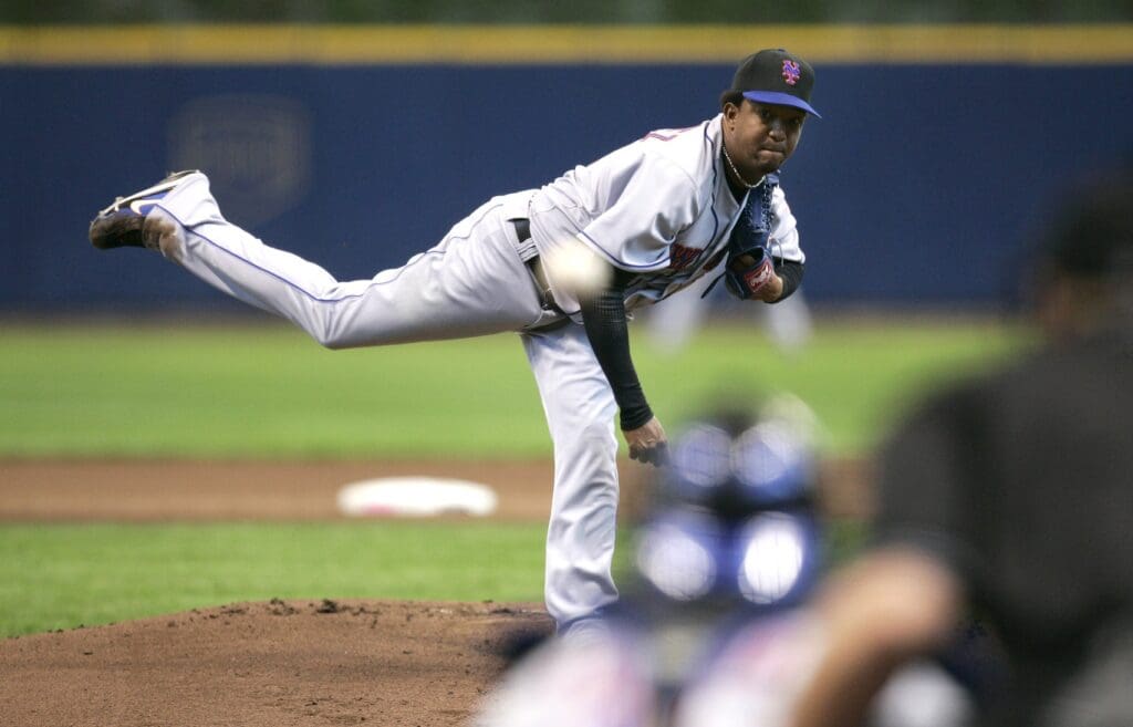 May 14, 2006; Milwaukee, WI, USA; New York Mets pitcher #45 Pedro Martinez delivers a pitch during the first inning against the Milwaukee Brewers at Miller Park.