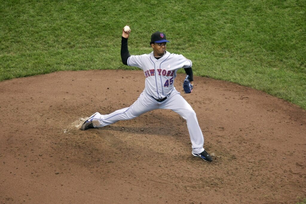 May 14, 2006; Milwaukee, WI, USA; New York Mets pitcher #45 Pedro Martinez pitches to the Milwaukee Brewers at Miller Park.