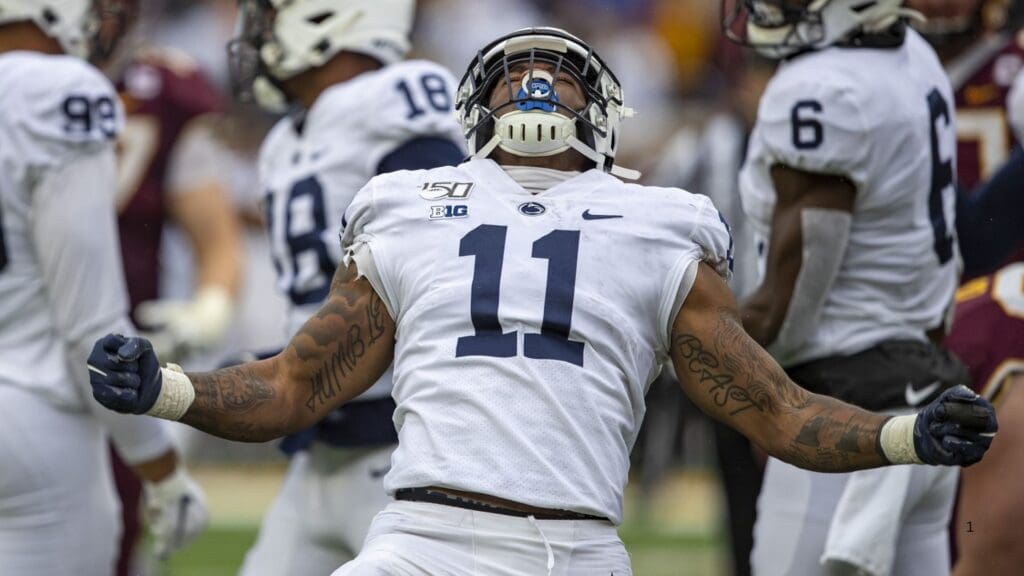 Nov 9, 2019; Minneapolis, MN, USA; Penn State Nittany Lions linebacker Micah Parsons (11) celebrates after sacking the Minnesota Golden Gophers quarterback Tanner Morgan (not pictured) in the second half at TCF Bank Stadium.