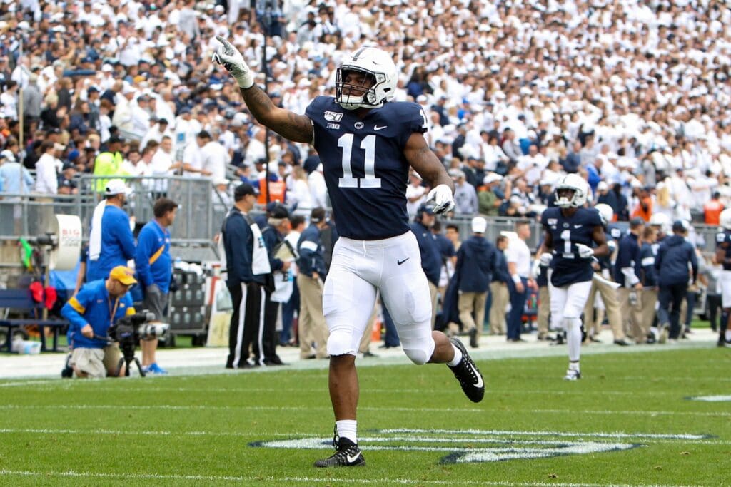 Sep 14, 2019; University Park, PA, USA; Penn State Nittany Lions linebacker Micah Parsons (11) points towards the fans prior to the game against the Pittsburgh Panthers at Beaver Stadium. Penn State defeated Pittsburgh 17-10.