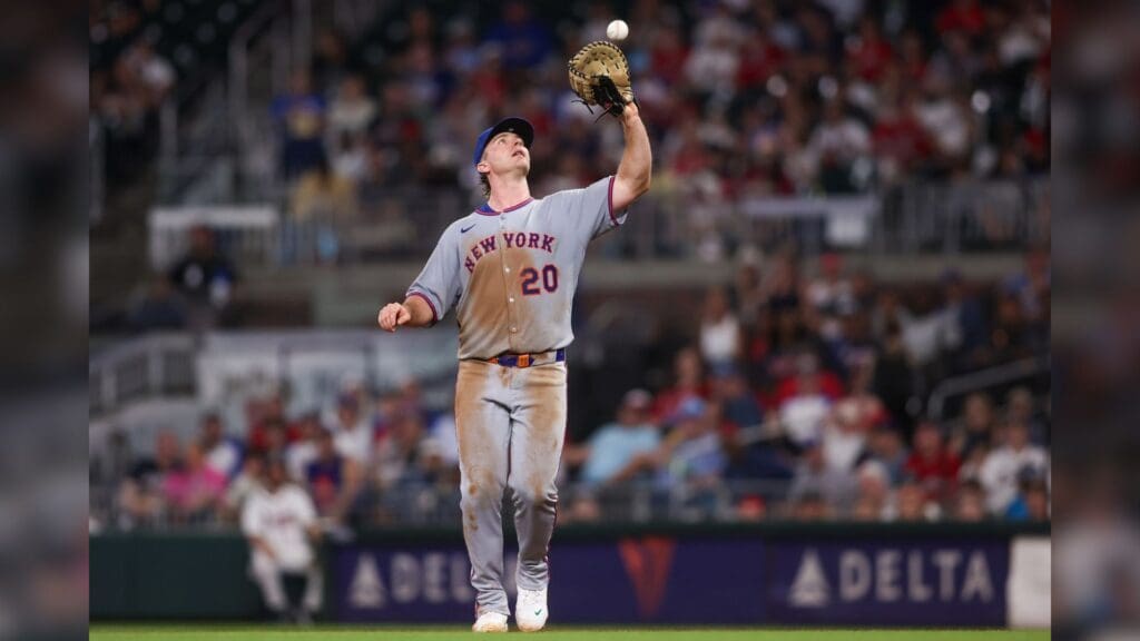 Jun 17, 2025; Atlanta, Georgia, USA; New York Mets first baseman Pete Alonso (20) catches a pop fly against the Atlanta Braves in the seventh inning at Truist Park.